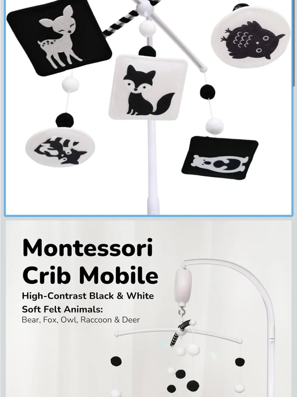 Montessori Crib Mobile - High-Contrast Black & White Felt Animals